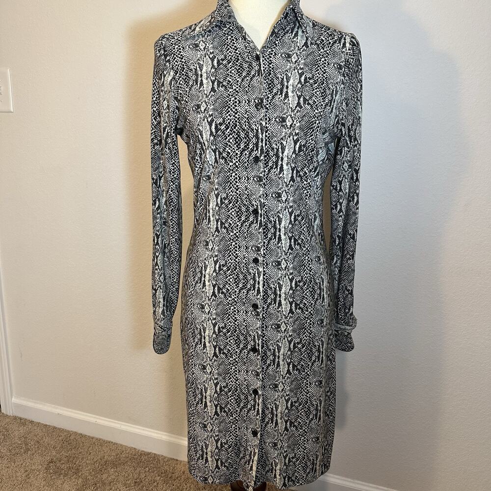 Norma Kamali Snakeskin Long Sleeve Dress Bodycon Button Up Gray Jersey Stretchy - Picture 3 of 13